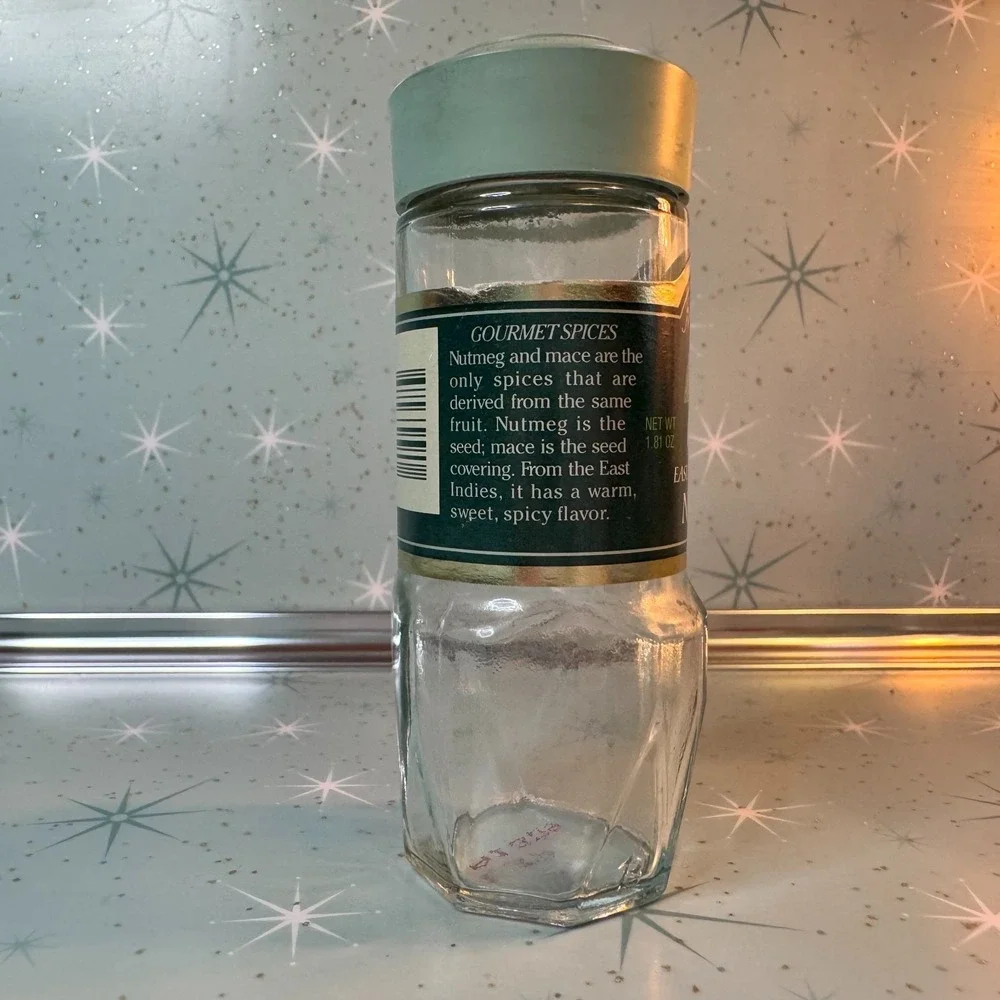 Vintage McCormick Nutmeg Jar Green Label & Lid Glass Spice Bottle Retro Kitchen